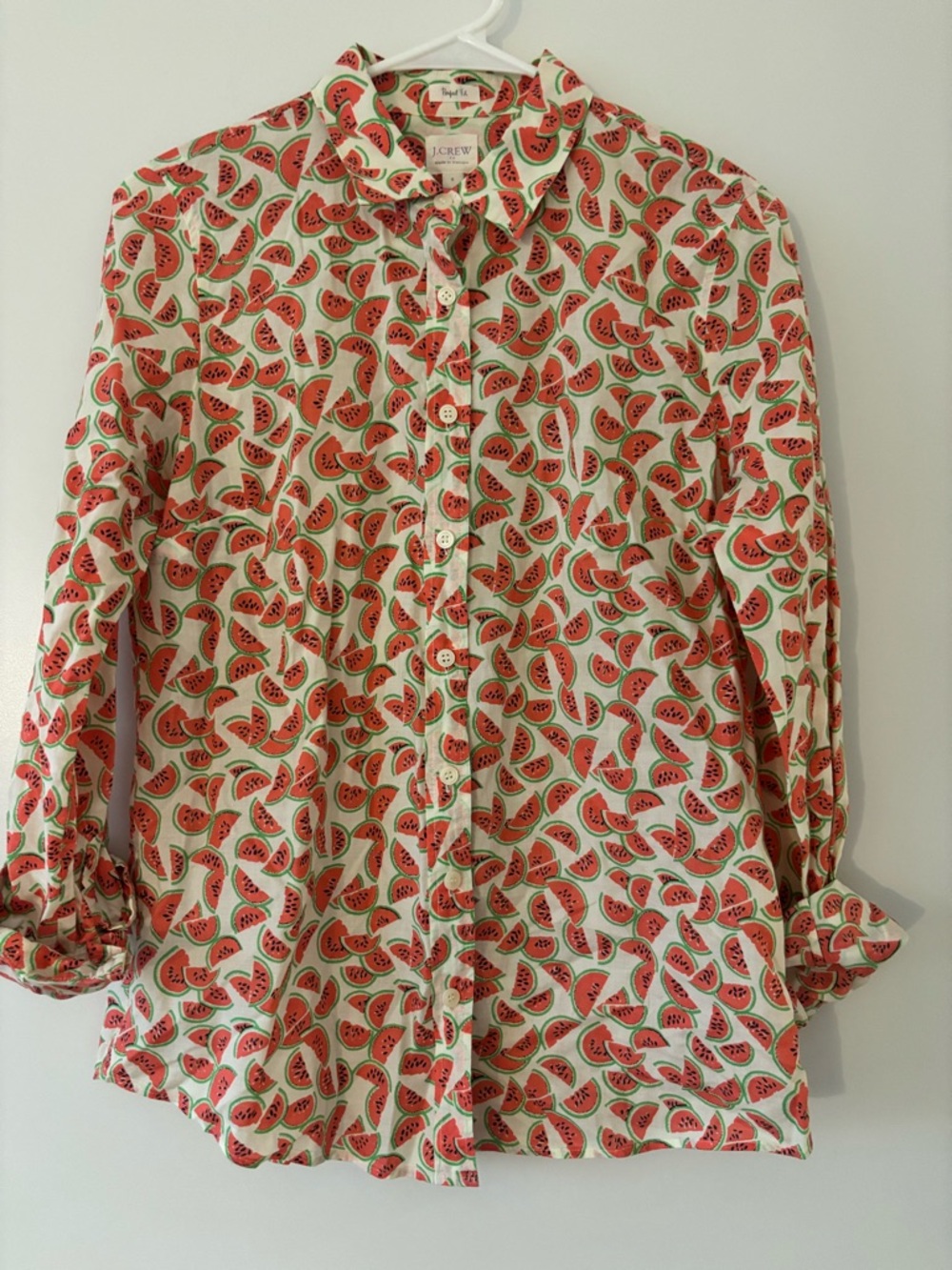 J. Crew Factory Cream Button-Down Shirt with Red and Green Watermelon Print